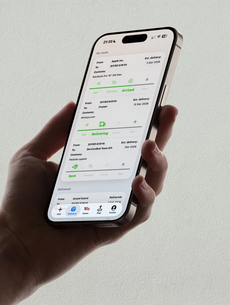 Hand holding a phone showing the Twist Express delivery tracking list.
