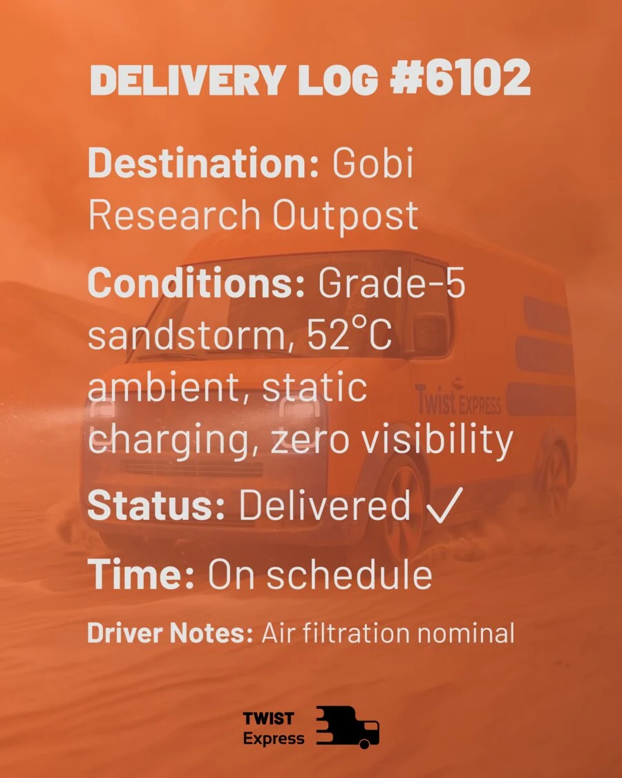 Delivery Log #6102 — Gobi Research Outpost. Conditions: Grade-5 sandstorm, 52°C ambient, static charging, zero visibility. Status: delivered, on schedule.