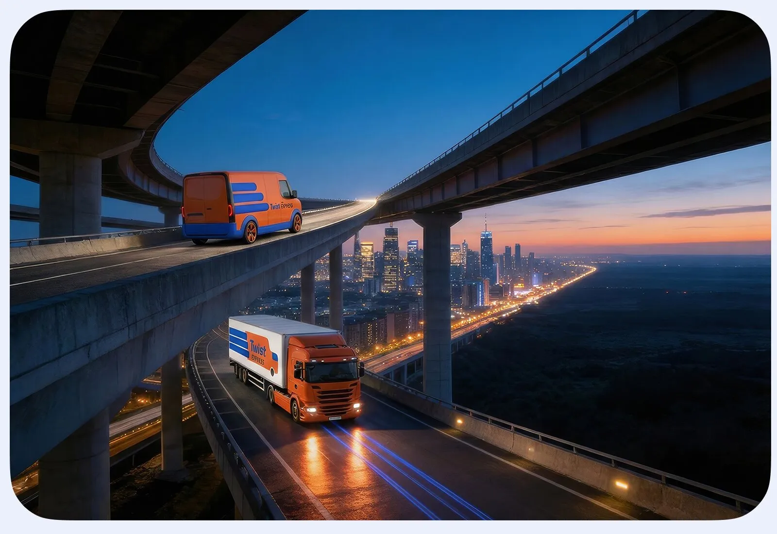 A Twist Express van and long-haul truck on stacked highway ramps above a city skyline at dusk.